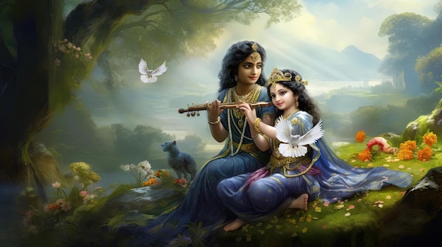 Lord Krishna belle affiche avec un paysage imaginaire Janmasthami spécial pour les Indiens