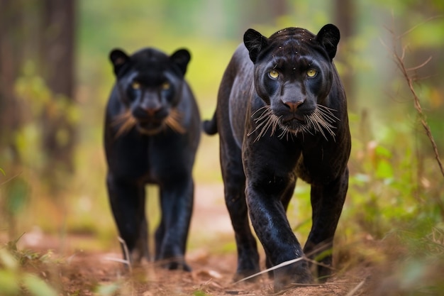 Lors d'une expédition en plein air dans la forêt indienne centrale, deux panthères indiennes mâles matures Panthera pardus fusca peuvent être observées sur un fond vert naturel