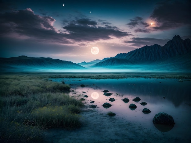 Lors d'une nuit de pleine lune au lac, le monde est éclairé par la lueur argentée de la lune.