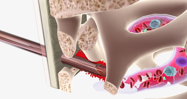 Lors d'une ponction de moelle osseuse, une aiguille traverse l'os de la hanche et extrait la moelle liquide