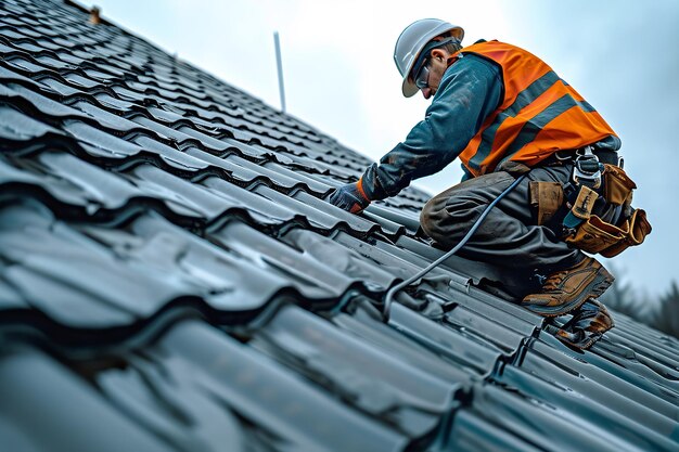 Lorsqu'il pose des tuiles en béton sur le toit au-dessus, un ouvrier du bâtiment met une ceinture de sécurité. AI générative