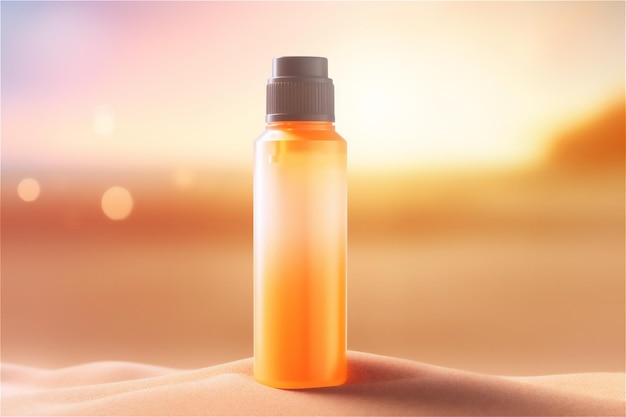 Lotion solaire et bouteille de crème solaire dans les soins de la peau de la plage de sable pendant la maquette des vacances d'été