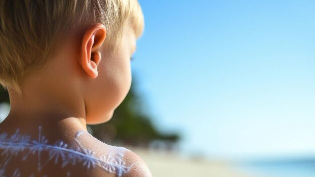 Une lotion solaire sur l'épaule d'un enfant bronzé pour le soleil de plage