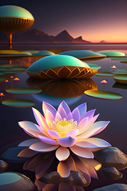 Lotus bioluminescent Belle fleur de lotus réaliste la nuit rendu en 3D