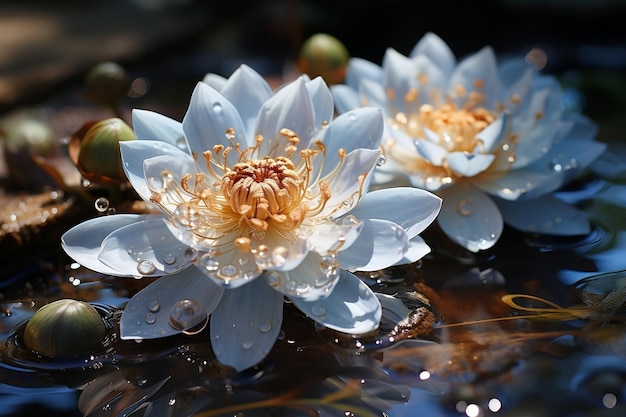 Lotus blanc sur un étang bleu IA générative