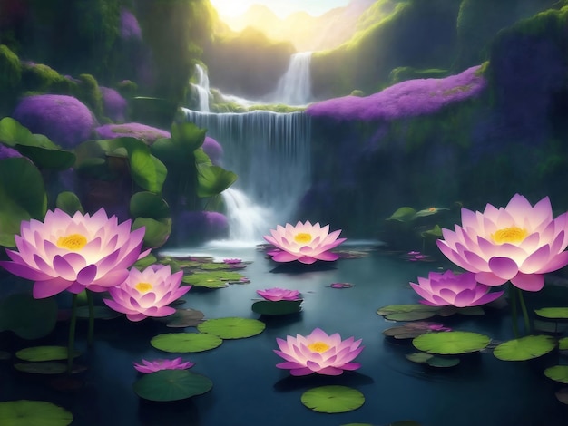 Lotus dans une rivière avec fond de montagne Illustration AI générative