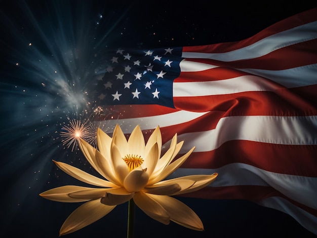 un lotus jaune et un lotus Jaune sont devant un drapeau avec des feux d'artifice en arrière-plan