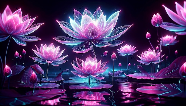 Le lotus lumineux éthérique, l'étang mystique, la lueur de néon.