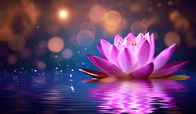 Lotus rose violet clair lumière flottante étincelle fond violet