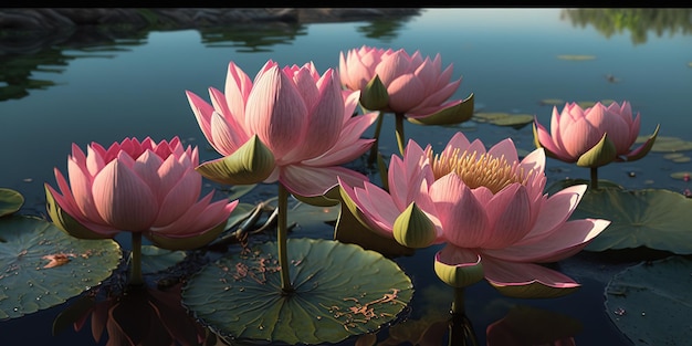 lotus roses sur l'eau aux beaux jours