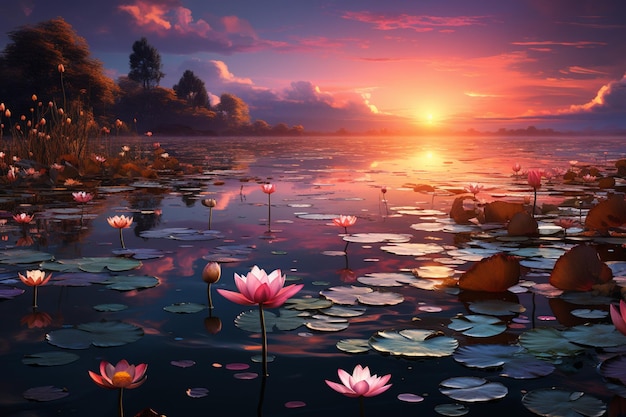 Le lotus serein dérive sur le fond du coucher de soleil peint l'harmonie zen sur les eaux ondulantes