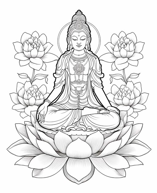 Photo lotus serenade cartoon style page de coloriage avec bodhisattva et des lignes épaisses