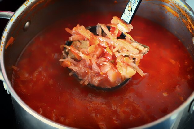 Une louche remue le bortsch dans une casserole