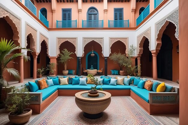 Photo lounge de la cour du riad marocain avec un décor vibrant