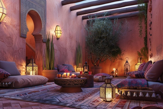 Lounge extérieure d'inspiration marocaine avec des lanternes octa
