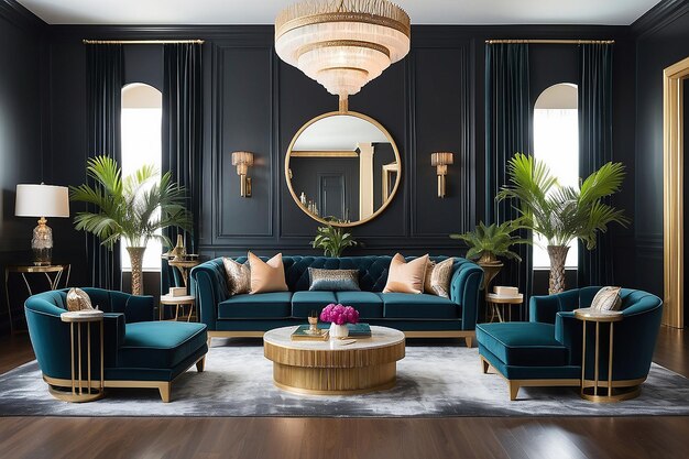 Lounge inspiré de l'art déco de Gatsby avec des sièges en velours