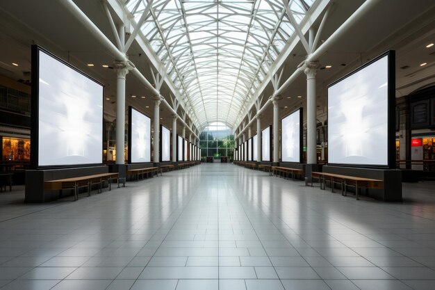 Lounge moderne vide du terminal de l'aéroport Grandes fenêtres, vues confortables, stands d'information