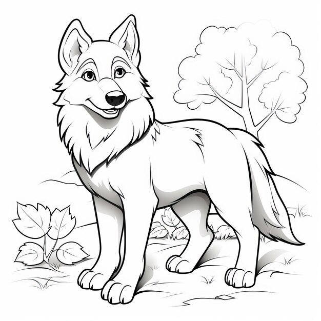 Loup à l'automne Des pages à colorier en noir et blanc pour enfants avec des contours simples et un Ba blanc