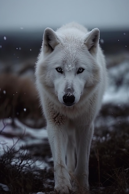 un loup aux yeux bleus et au nez noir marche dans la neige.