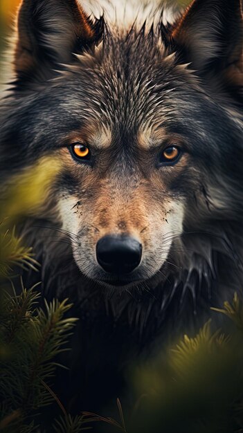 un loup aux yeux orange et un nez noir regarde la caméra