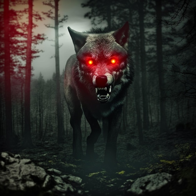 Un loup aux yeux rouges est dans les bois.