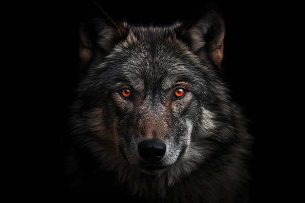 Un loup aux yeux rouges est dans le noir.