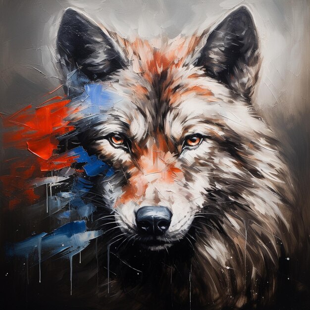 un loup aux yeux rouges et sur fond bleu et rouge.