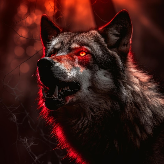 Photo un loup aux yeux rouges pendant la pleine lune