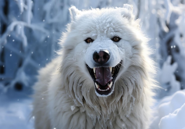 Loup blanc arctique féroce et en colère dans le paysage hivernal avec la chute de neige générée par l'IA