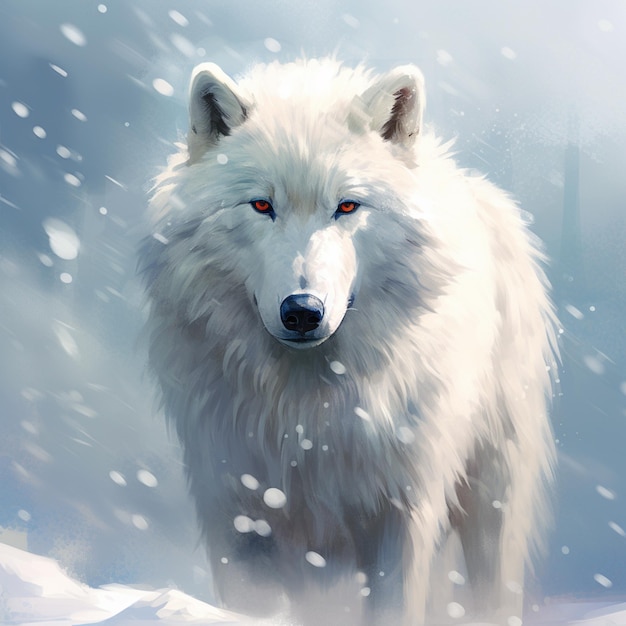 Un loup blanc aux yeux rouges se dresse dans la neige.