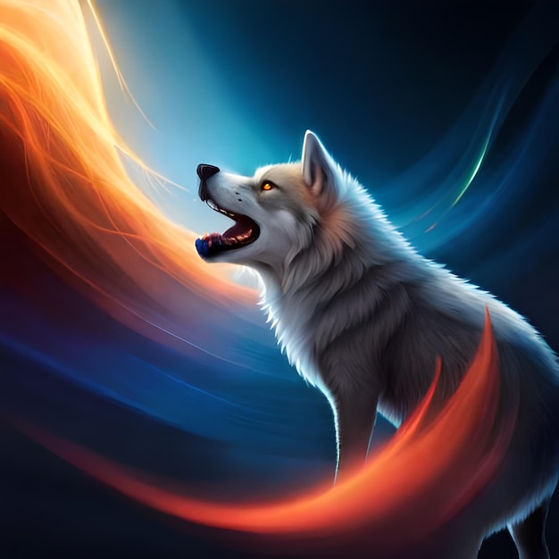 Un loup blanc avec des flammes orange et bleues sur son visage.