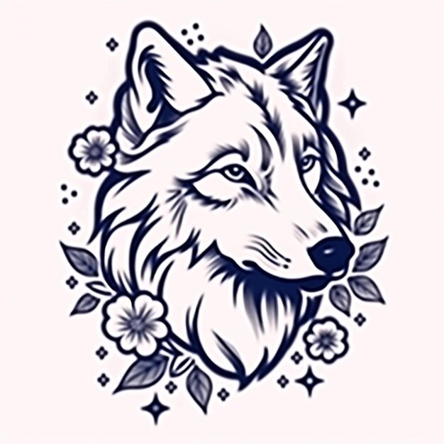 Un loup blanc avec des fleurs et des feuilles sur sa tête ai générative