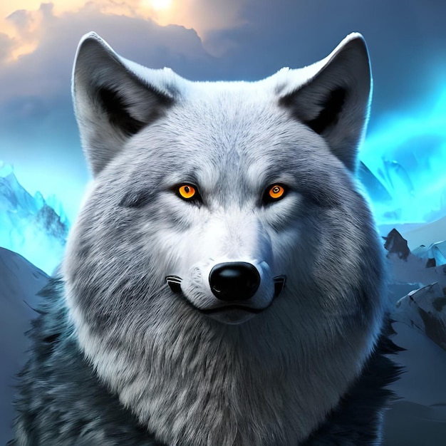 Un loup blanc avec un fond bleu et des montagnes en arrière-plan.