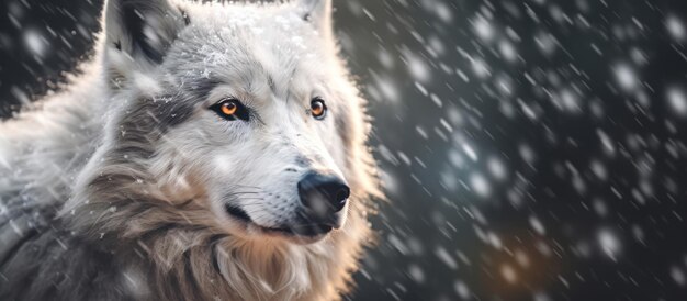 loup blanc en gros plan avec une chute de neige en arrière-plan