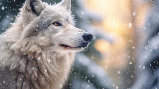 loup blanc en gros plan avec une chute de neige en arrière-plan