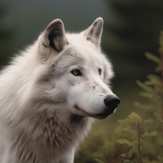 Un loup blanc avec un nez noir et un visage blanc.