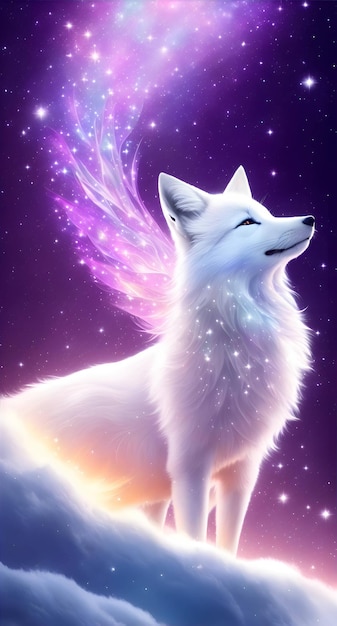 Un loup blanc parmi les étoiles colorées