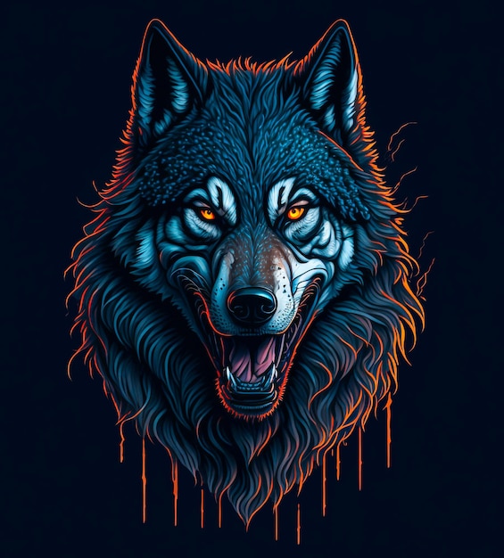 Un loup bleu avec des yeux orange et un fond noir.