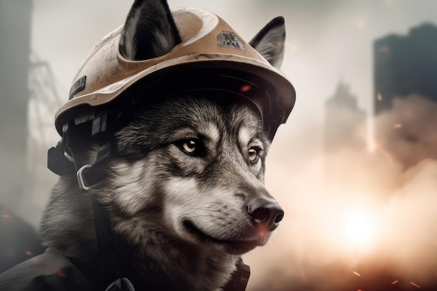 Un loup avec une casquette de pompier