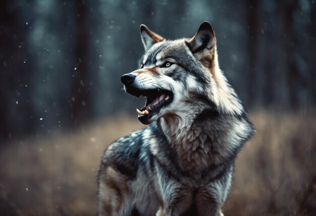 Photo un loup-champion sinistre aux yeux rouges dans la forêt sombre de la nuit enveloppé dans la brume un loup-garou effrayant sourire dans les bois sombres sinistres prêt à attaquer la victime un chasseur de loup-garous maléfique aux yeux rouge