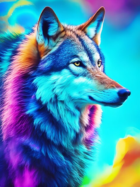 Un loup coloré avec un fond bleu ai généré