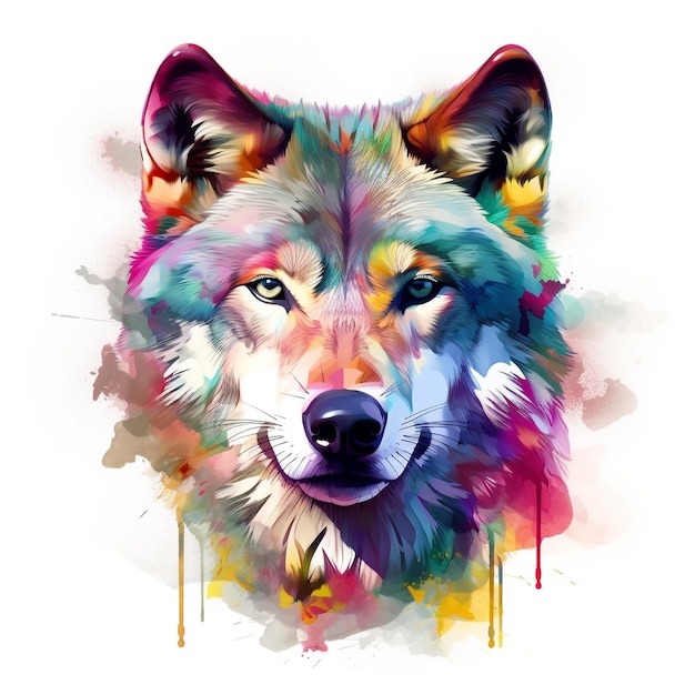 Un loup coloré avec un nez noir et un visage blanc.