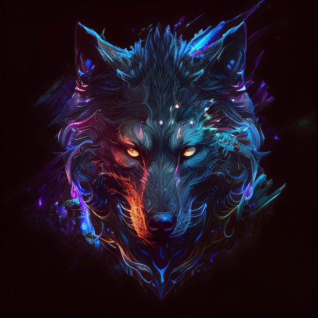 Un loup coloré avec une tête bleue et des yeux brillants.