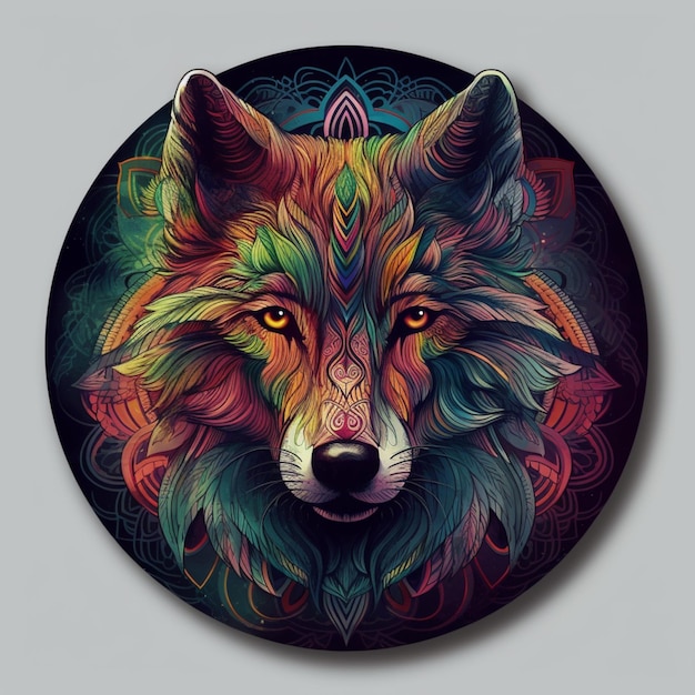 Un loup coloré avec une tête colorée est sur une assiette ronde.