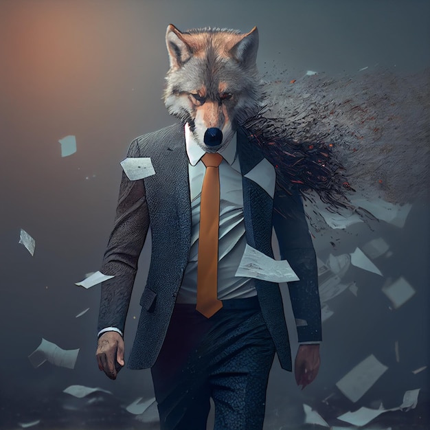 Loup en costume en fureur il déchire des feuilles de papier patron fou Generate Ai