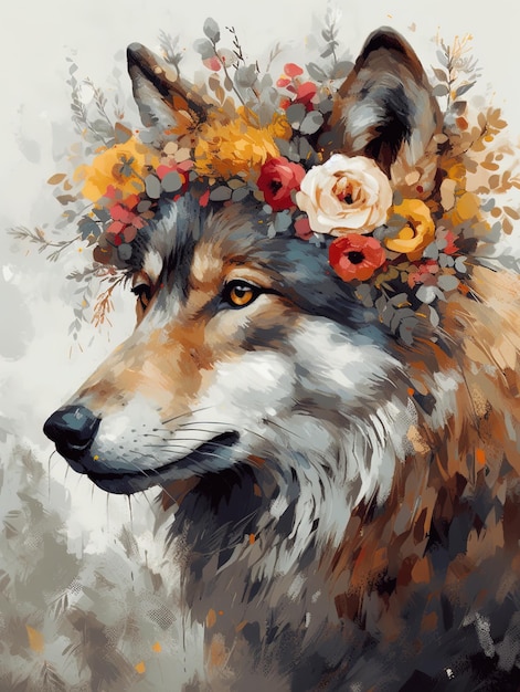 un loup avec une couronne de fleurs