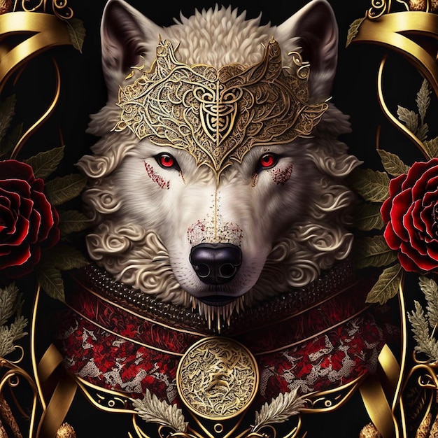 Un loup avec une couronne rouge et des roses dorées dessus