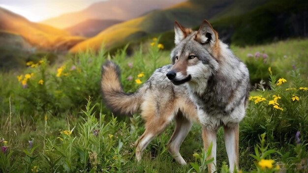 Photo le loup à crinière dans son habitat naturel de belles prairies d'animaux étonnants dans l'environnement naturel