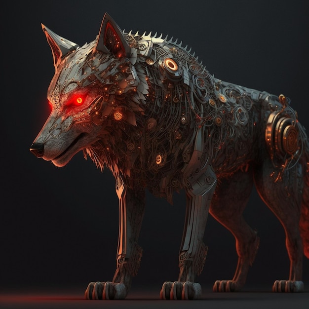 Loup cybernétique aux yeux rouges brillants