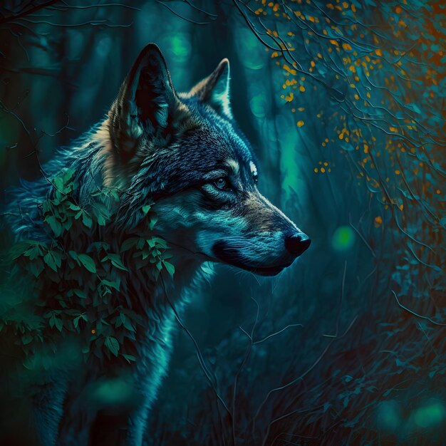 Un loup dans les bois avec des feuilles sur le visage